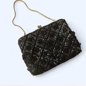 1960s Hoag Beaded Purse, Black Beaded & Sequin Evening Bag, Retro Clutch